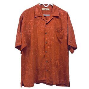 Tommy Bahama Shirt Size L Men’s Palm Tree Short Sleeve Silk Button-Up Orange
